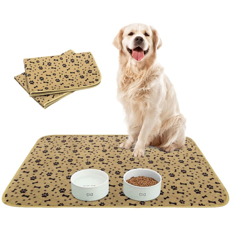 BINGPET Waterproof Dog Food Mat Non-Slip - 2 Pack Dog Bowl Mat Absorbent Pet Feeding Mats Washable Pee Pads for Puppies Cats, Bone & Paw Pattern 35.4" X 23.6" - Image 1